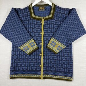 Oleana Jacket Womens Large Blue Wool Nordic Statement Classy Winter Snow Ski